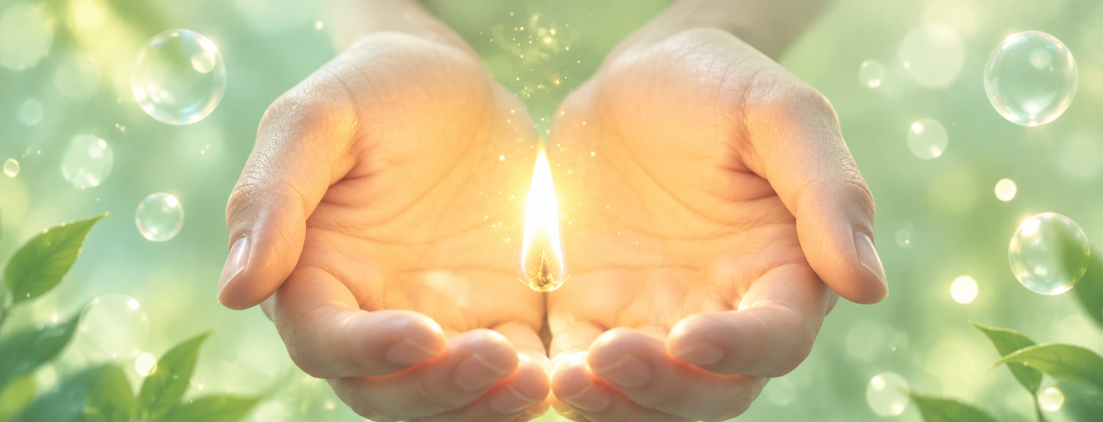 Two cupped hands holding a glowing candle flame